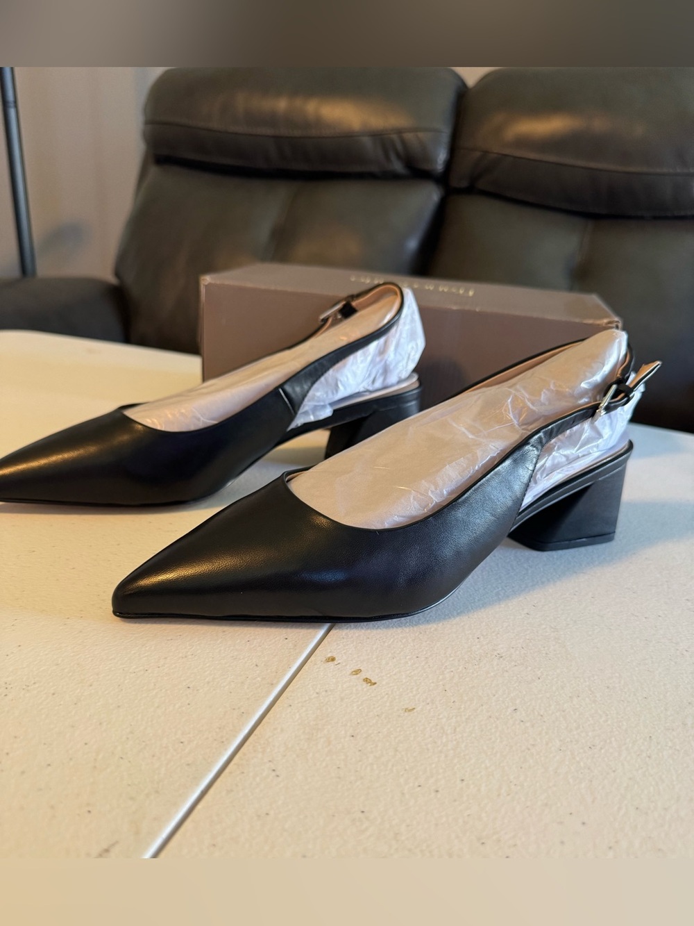 Women's Black Pointed Slingback Block Heel Pumps